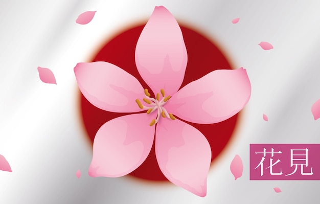 Vector flag of japan and a cherry flower symbol of the traditional japanese hanami meaning flower viewing