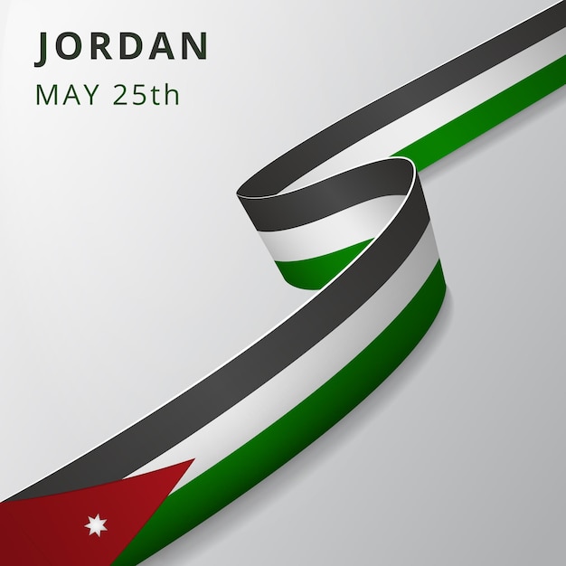 Flag of Jordan. 25th of May. Vector illustration. Wavy ribbon on gray background. Independence day. National symbol. Seven-pointed star.