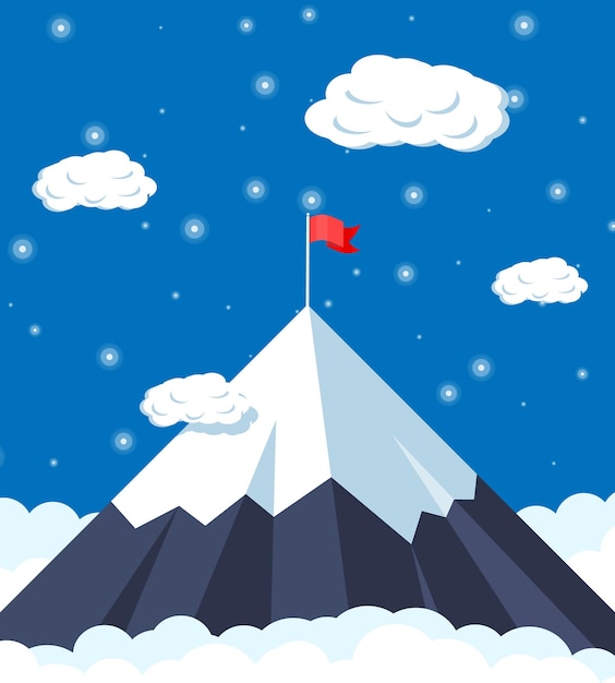 Flag on peak of mountain Business success target triumph goal or achievement Winning of competition Rocky mountains sky with stars and clouds in night Vector illustration in flat style