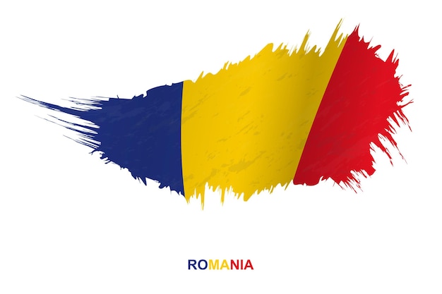 Flag of Romania in grunge style with waving effect, vector grunge brush stroke flag.