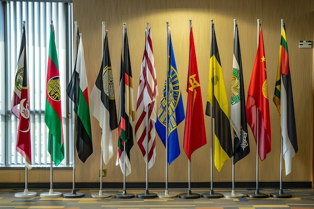 Vector flags from across the world a low angle shot of several international flags waving in the air