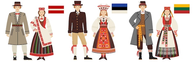 Vector flags and national costumes of the baltic countries