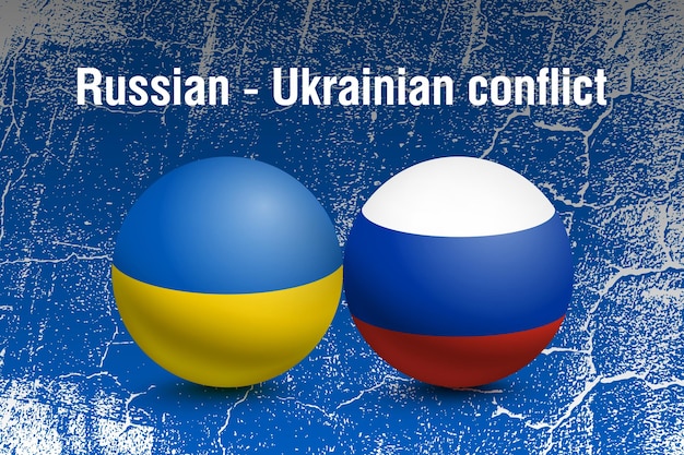 Flags of Ukraine and Russia in the form of a ball. Conflict concept. Vector illustration with grunge background