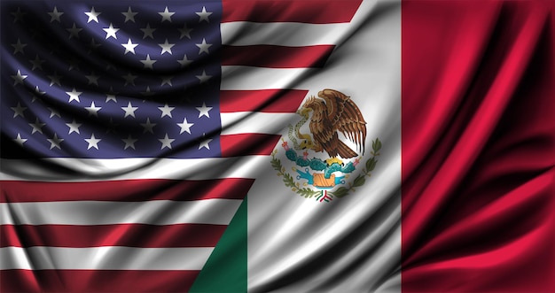 Vector flags of the united states and mexico are fluttering together vector illustration