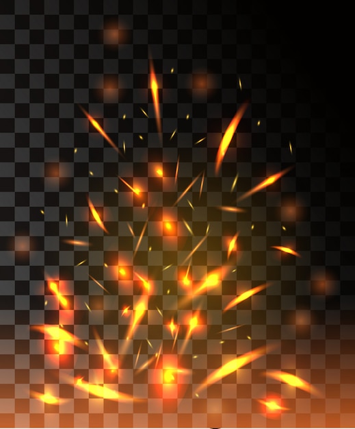 Vector flame of fire with sparks flying up glowing particles on dark transparent background