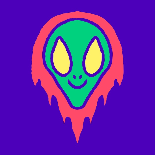 Flaming alien head doodle cartoon, illustration for t-shirt, sticker.