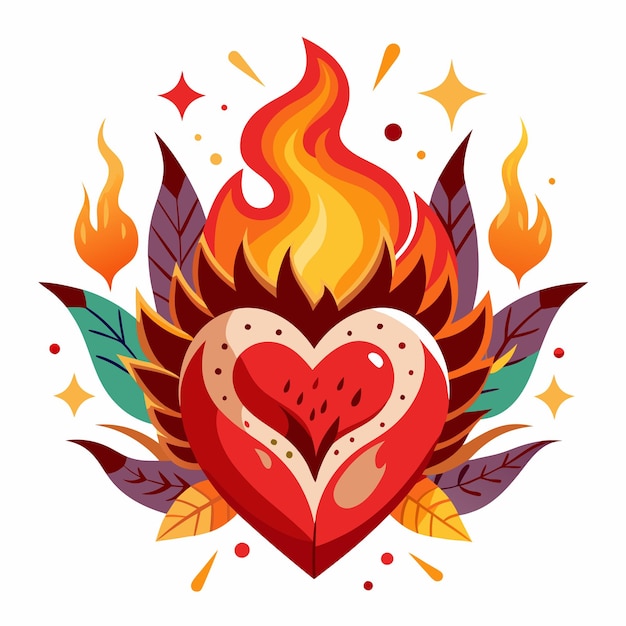 Vector flaming heart surrounded by leaves and stars