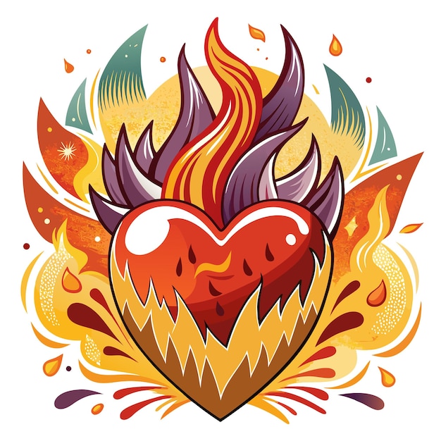 Vector a flaming heart with yellow red and purple flames