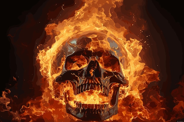 Flaming Skull Fire embers particles over black background Fire sparks background