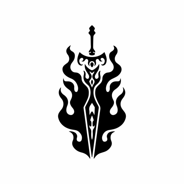 Vector flaming sword icon logo design black and white decal stencil tattoo flat vector illustration