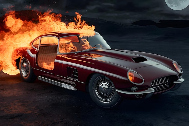 Flaming vintage car 3d rendering