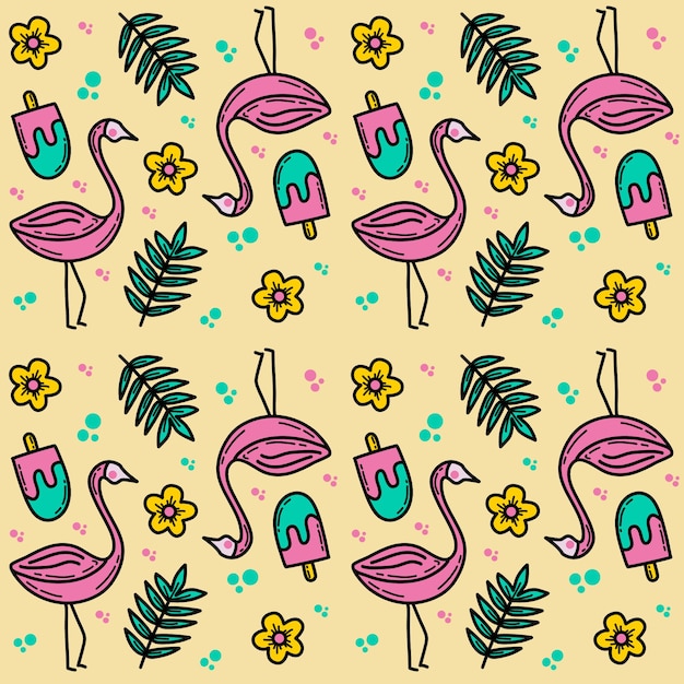 flaminggo doodle pattern in summer theme seamless