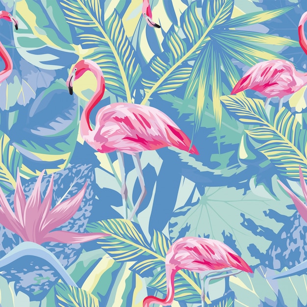 Flamingo in abstract blue foliage leaves seamless pattern wallpaper