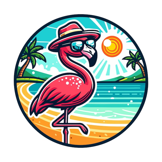 flamingo beach badge illustration for t shirt or sticker