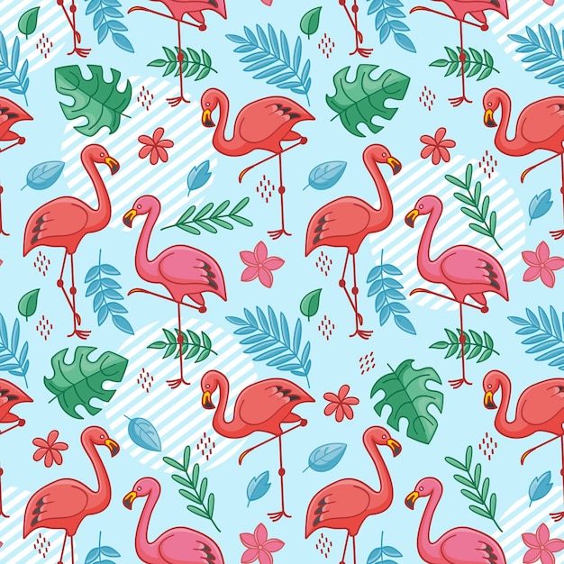 Flamingo bird pattern with tropical leaves