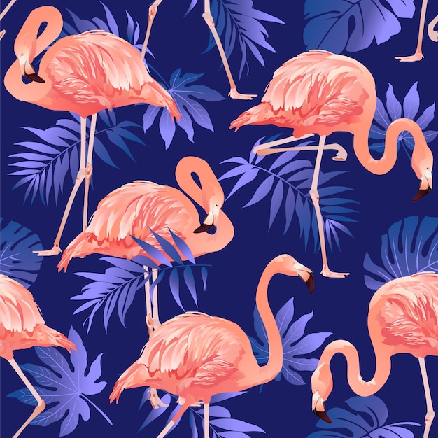 Flamingo Bird and Tropical Flowers Background