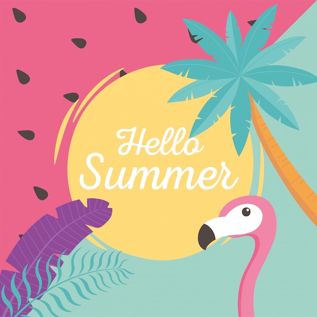 flamingo bird with exotic palm tropical leaves, hello summer lettering  illustration