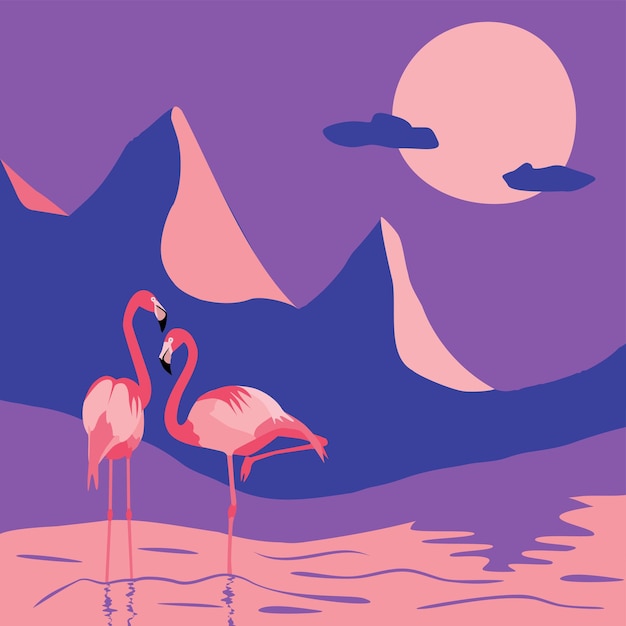 Flamingo birds couple in the night abstract landscape vector