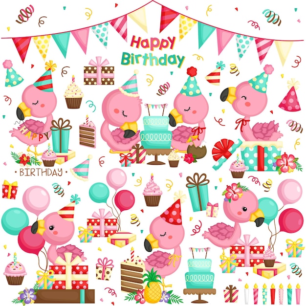 Flamingo Birthday Celebration Vector Set