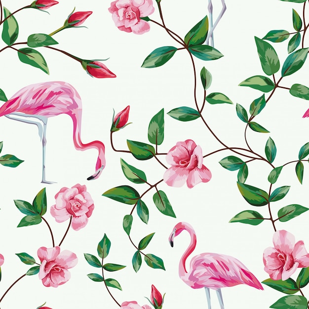 Flamingo and branch roses seamless pattern wallpaper