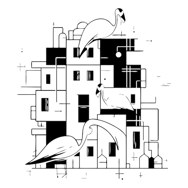 Vector flamingo in the city vector illustration in cartoon style