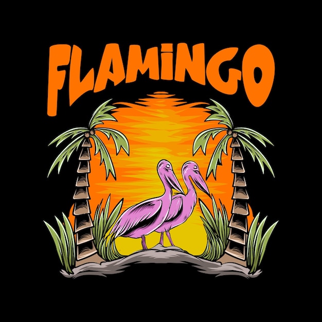 flamingo illustration with sunset for tshirt design and print