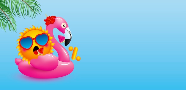 flamingo inflatable with watermelon ice cream and tropical leaves on blue background