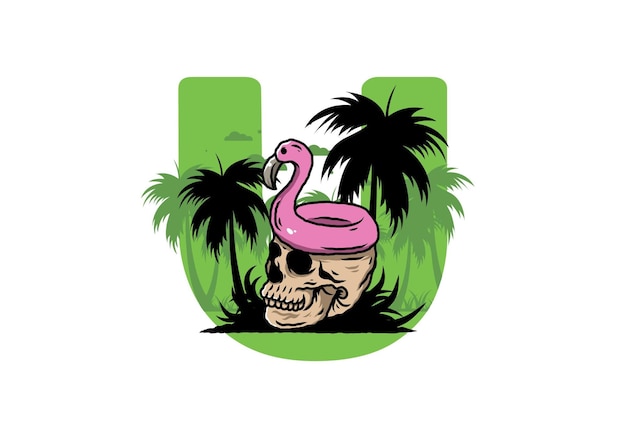 Flamingo lifebuoy is on top of the skull illustration