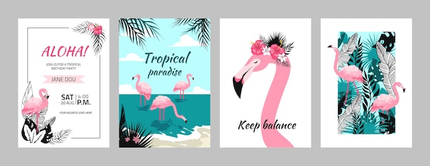 Flamingo posters Tropical banners and birthday invitation to summer party with pink birds and exotic leaves Cartoon rainforest foliage Hawaiian jungle animal Vector festival flyers set