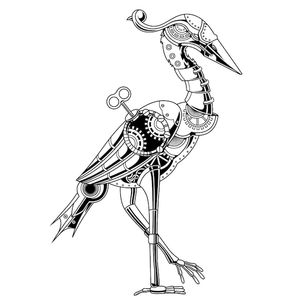 Flamingo Steampunk Black and White Illustration