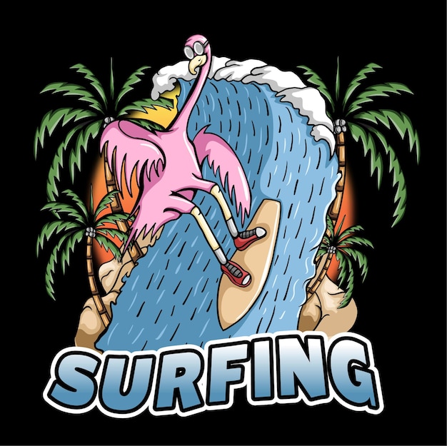 Flamingo surfing in beach illustration