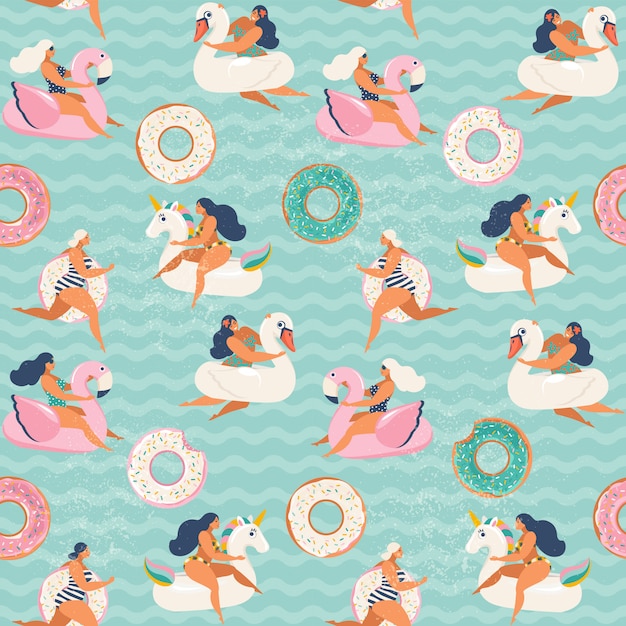 Flamingo, unicorn, swan and sweet donut inflatable swimming pool floats.  seamless pattern.