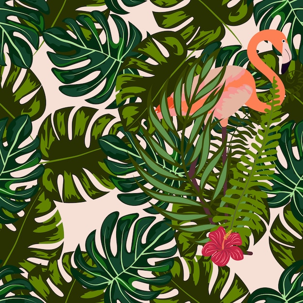 Flamingo with tropical flowers and leaves seamless pattern.