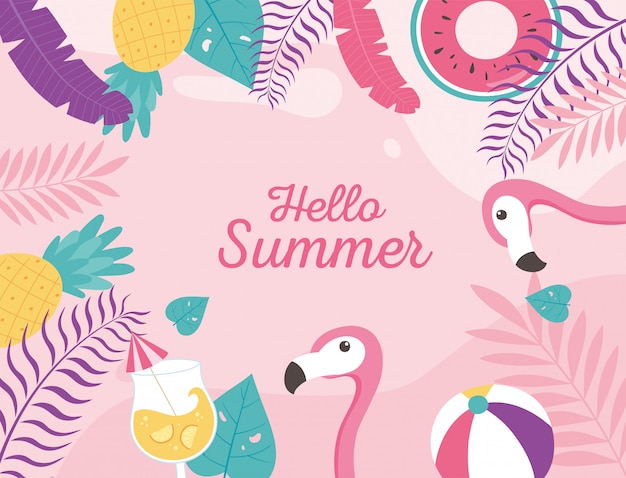 flamingos cocktail beach ball float exotic tropical leaves, hello summer lettering  illustration