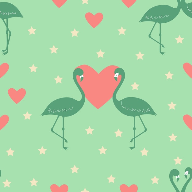 Flamingos silhouette and hearts seamless pattern