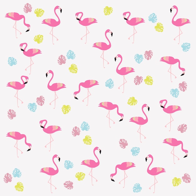 Flamingos with monstera leaves seamless pattern background