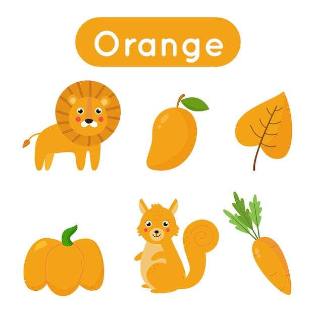 Flash cards for learning and practicing colors. Objects in orange color. Printable material for kids.