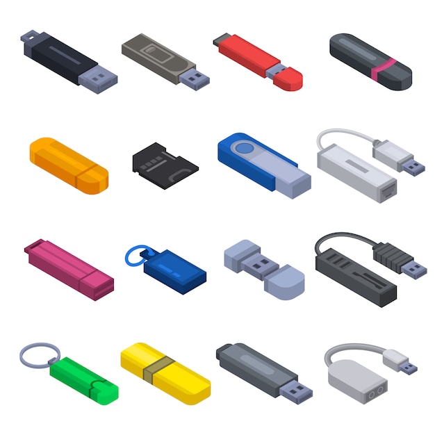 Flash drive icon set. Isometric set of flash drive vector icons for web design isolated on white background