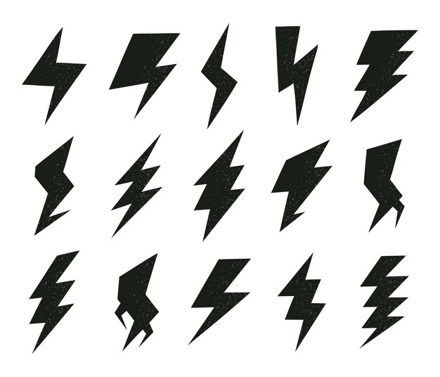 Flash lightning silhouettes natural electrical phenomenon vector flat symbols illustration set