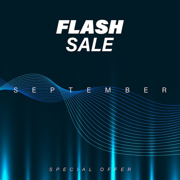 Flash sale banner template with futuristic waves and shining spectrum.