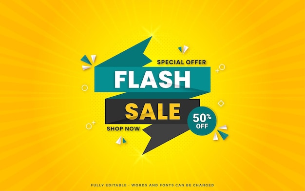 Flash sale discount banner design template with 3d editable text effect