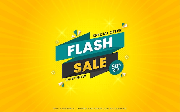 Flash sale discount banner design template with 3d editable text effect