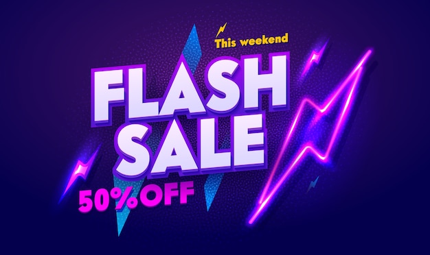 Flash Sale Neon Light Typography Banner. Discount Night Advertising Glow Electric Billboard