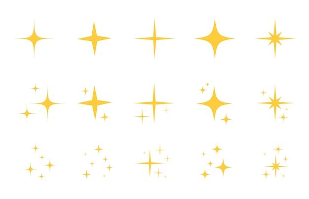 Flash sparkle flat star icon set. Twinkle star silhouette for gold sparkle, yellow glitter light, magic shiny flare effect. Isolated vector illustration.