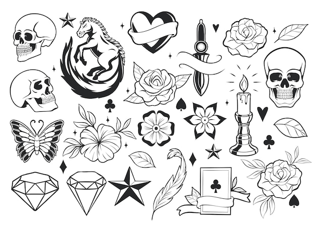 Vector flash tattoo hand drawn illustration collection