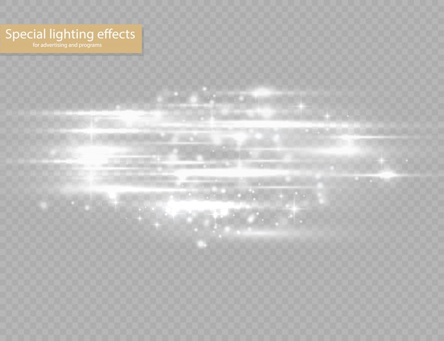 Flash white horizontal lens flares pack, laser beams, horizontal light rays, beautiful light flare, glow white line on transparent background, bright gold glare,  illustration, .