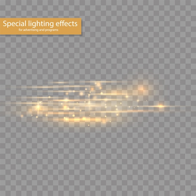 Flash yellow horizontal lens flares pack, laser beams, horizontal light rays, beautiful light flare, glow white line on transparent background, bright gold glare,  illustration, 