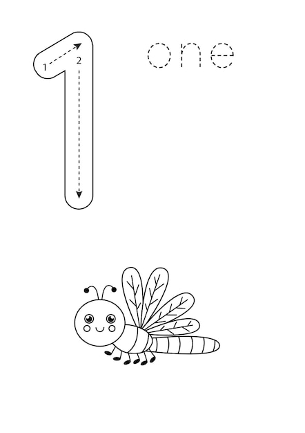 Flashcard number 1 Preschool worksheet Black and white dragonfly