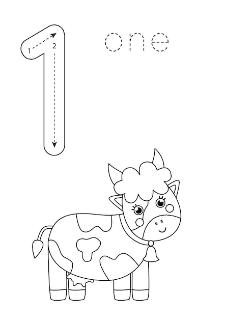 Flashcard number 1 Preschool worksheet Black and white farm animals