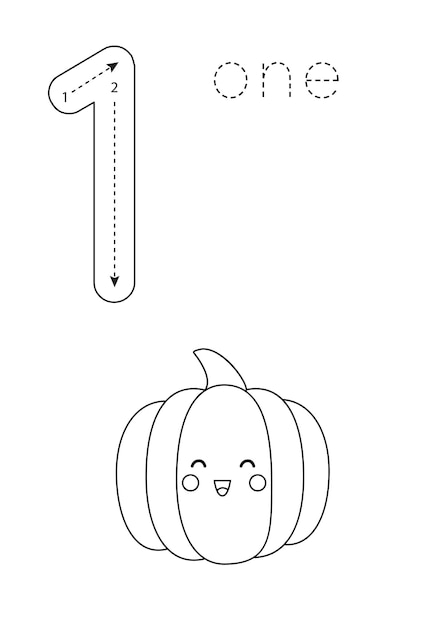 Flashcard number 1 Preschool worksheet Black and white pumpkin